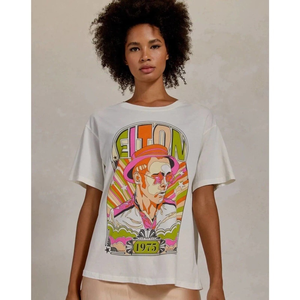 Daydreamer Elton John 1975 Boyfriend Graphic Tee Women's Vintage Stone Sz Small